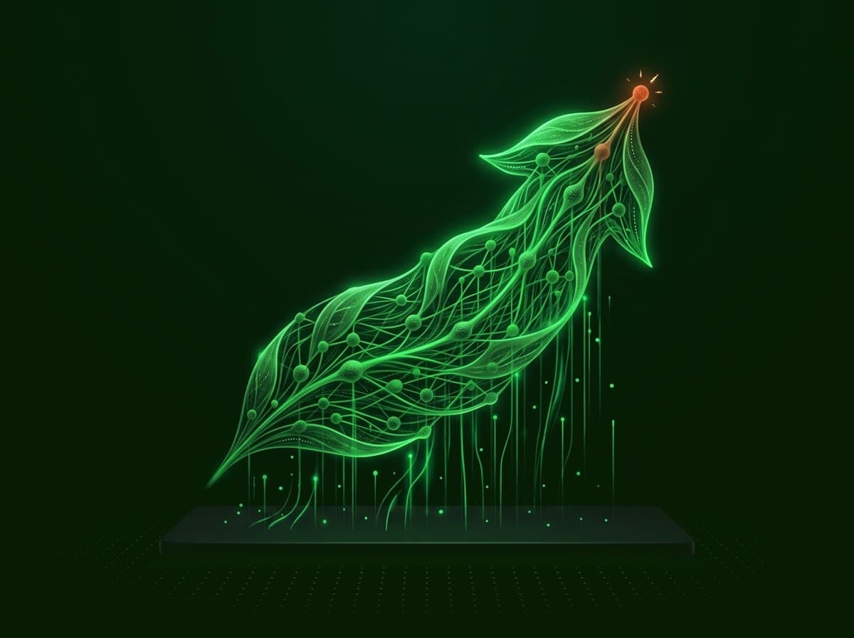 A glowing green leaf formed from a network of data nodes, rising upward.