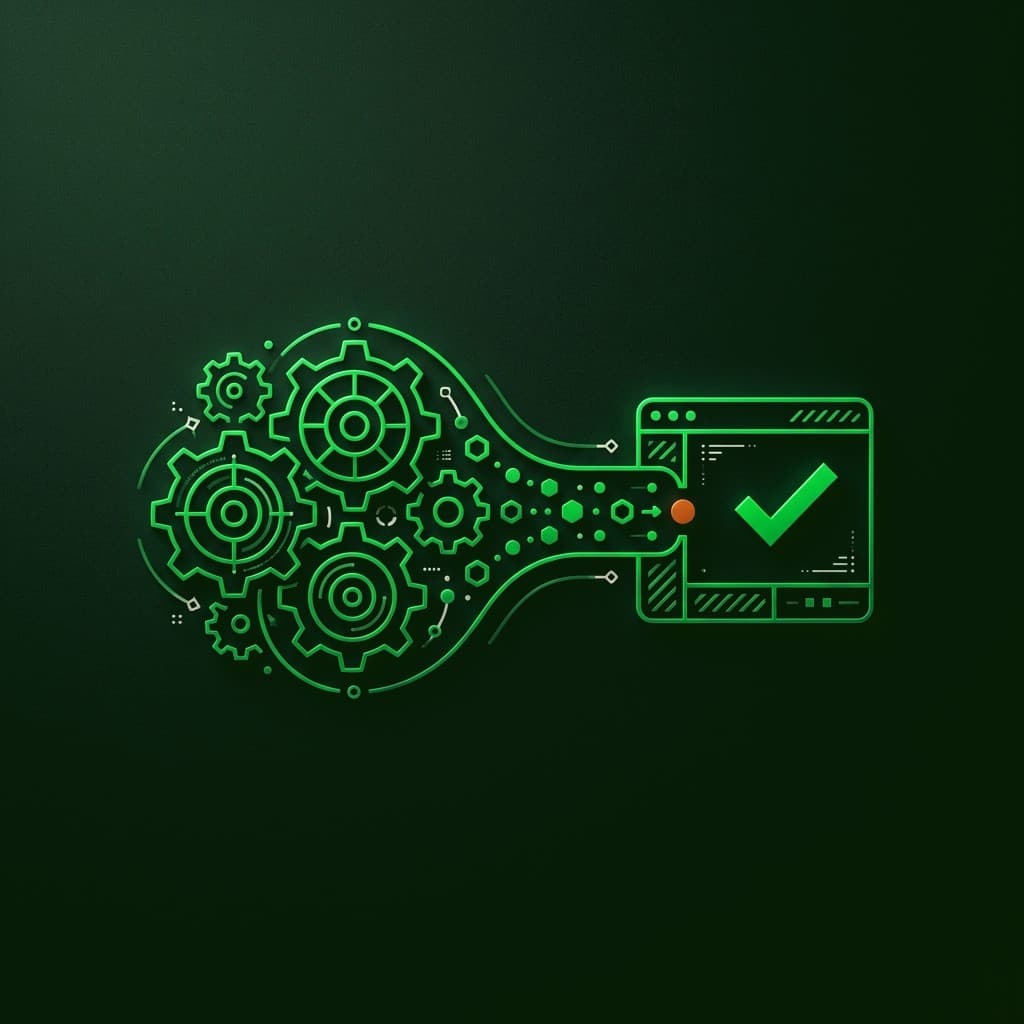 Interlocking gears feeding an automated workflow into a dashboard with a green checkmark.